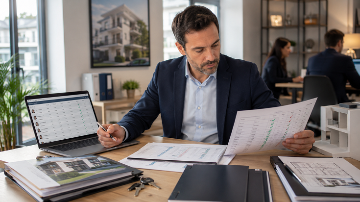 Dirigeant d’agence immobilière suivant les heures ALUR de ses collaborateurs sur un tableau de formation.