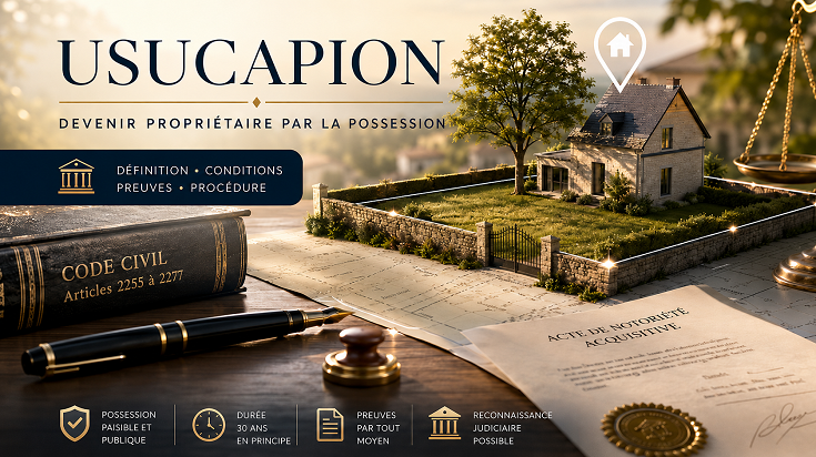 Illustration premium sur l’usucapion montrant une maison, des documents juridiques, le Code civil, une balance de justice et des éléments liés à la prescription acquisitive immobilière.