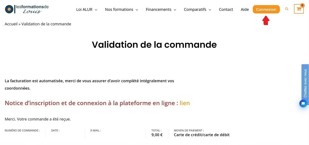 Confirmation de commande avec le bouton “Connexion”