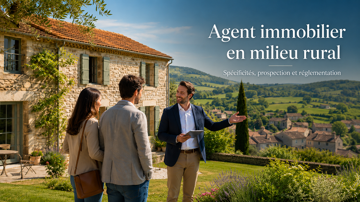 Agent immobilier présentant une maison de campagne à des acquéreurs en milieu rural
