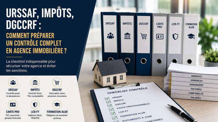 Checklist de contrôle pour agence immobilière avec dossiers URSSAF, impôts, DGCCRF, carte professionnelle, LCB-FT et formation ALUR