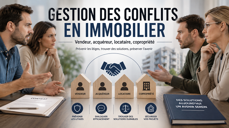 Bannière sur la gestion des conflits en immobilier montrant vendeurs, acquéreurs, locataires et copropriété en discussion autour de solutions amiables.