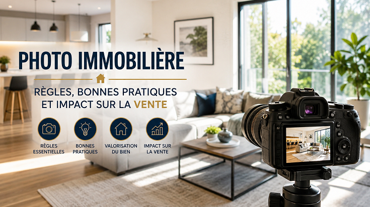 Appareil photo professionnel devant un salon lumineux illustrant les règles et bonnes pratiques de la photo immobilière.