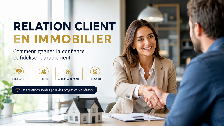 Conseillère immobilière échangeant une poignée de main avec un client pour illustrer la confiance et la fidélisation en immobilier.