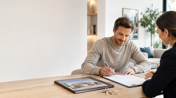 Acquéreur signant une offre d’achat immobilier avec un professionnel de l’immobilier