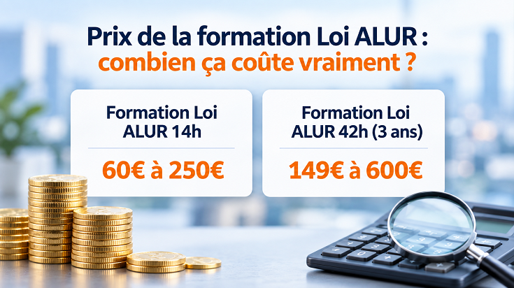 Infographie sur le prix de la formation Loi ALUR comparant une formation 14h de 60 € à 250 € et une formation 42h de 149 € à 600 €.