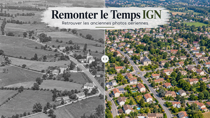 Remonter le Temps IGN : comparaison de photos aériennes anciennes et récentes montrant l'évolution d'un quartier.